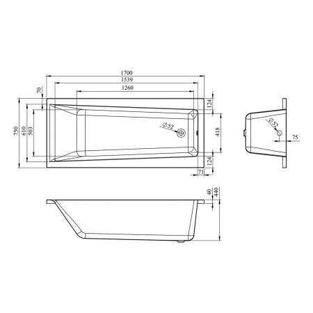 Акриловая ванна Lavinia Boho Rock 37070075, усиленный армированный корпус ванны, 170x75 см