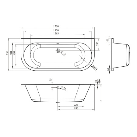 Комплект 3 в 1 Lavinia Boho Art S1-3708075P, акриловая ванна 170x75 см, усиленные металлические ножки с монтажным набором, мягкий силиконовый подголовник