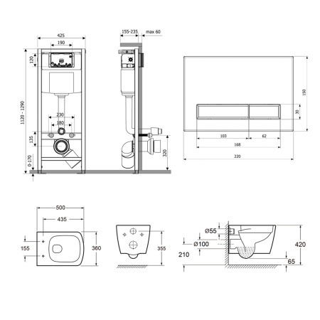 Комплект 6 в 1 Lavinia Boho Aveo Rimless 75110252, премиум с каменной черно-серой клавишей, инсталляцией и унитазом
