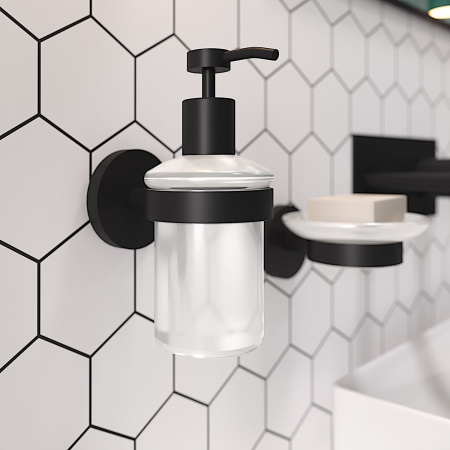 Набор аксессуаров для ванной комнаты 5 в 1 Wellsee Finishing Touch: дозатор для мыла, мыльница, крючок 2 шт, стакан для щеток (черный матовый) 182512002
