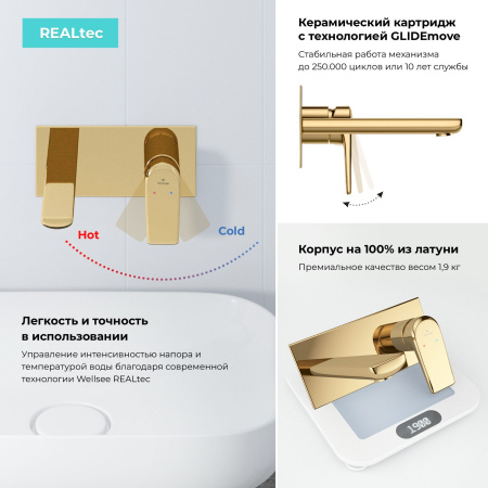 Встраиваемый смеситель для раковины Wellsee ICON! for life 182313001 (с внутренней частью), золотой