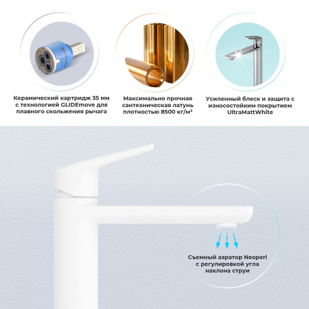 Высокий смеситель для раковины на столешницу Wellsee ICON! for life 182310000, белый