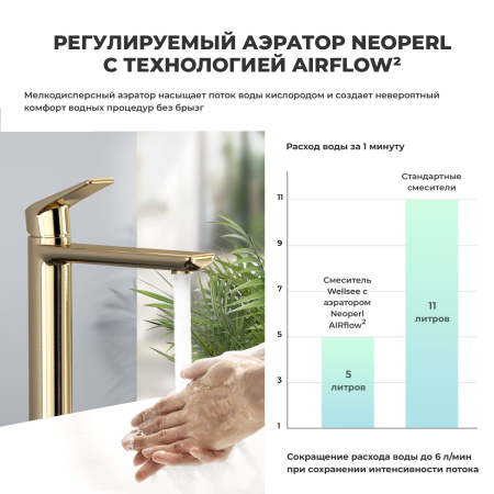 Высокий смеситель для раковины на столешницу Wellsee ICON! for life 182308000, золотой