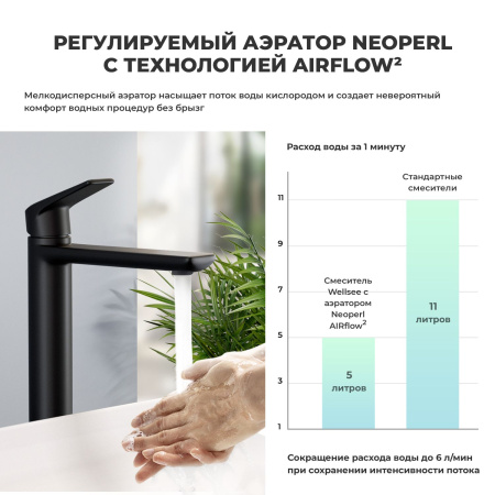 Высокий смеситель для раковины на столешницу Wellsee ICON! for life 182307000, черный