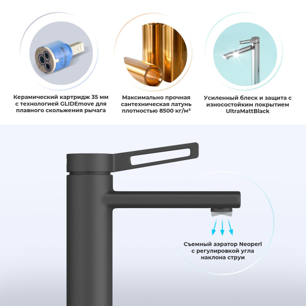 Высокий смеситель для раковины на столешницу Wellsee ONCE! and forever 182407000, черный