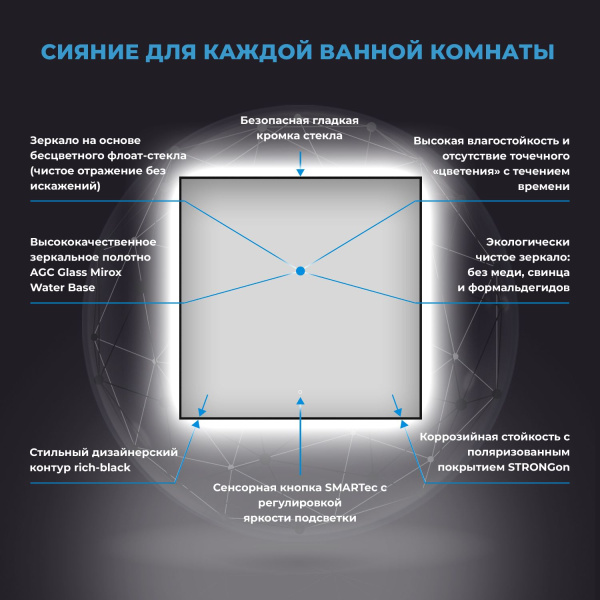 Влагостойкое зеркало с подсветкой для ванной комнаты Wellsee 7 Rays' Spectrum 172200400, 50 х 50 см