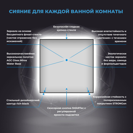 Влагостойкое зеркало с подсветкой для ванной комнаты Wellsee 7 Rays' Spectrum 172200450, 80 х 80 см