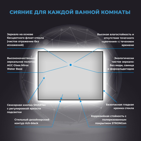 Влагостойкое зеркало с подсветкой для ванной комнаты Wellsee 7 Rays' Spectrum 172200790, 60 х 40 см