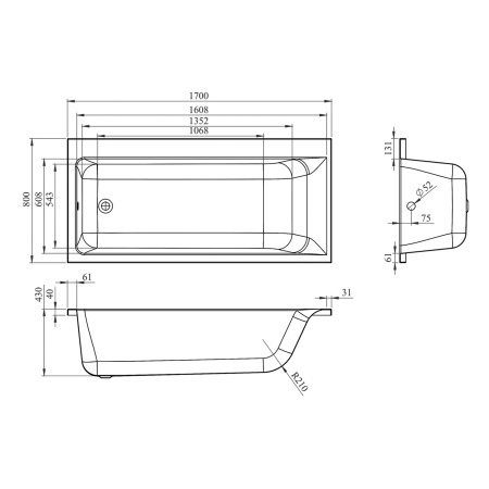 Акриловая ванна Lavinia Boho Catani 3712170L, усиленный армированный корпус ванны, 170x80 см (левый разворот)