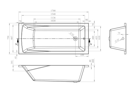 Акриловая ванна Lavinia Boho One 37010075, усиленный армированный корпус ванны, 170x75 см