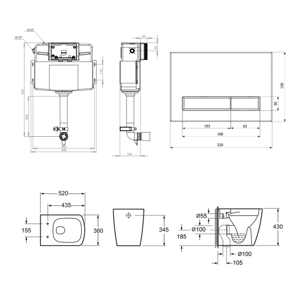 Комплект 5 в 1 Lavinia Boho Relfix Aveo Rimless 87060261: приставной безободковый унитаз, сиденье микролифт, бачок скрытого монтажа, крепление, клавиша смыва, диспенсер