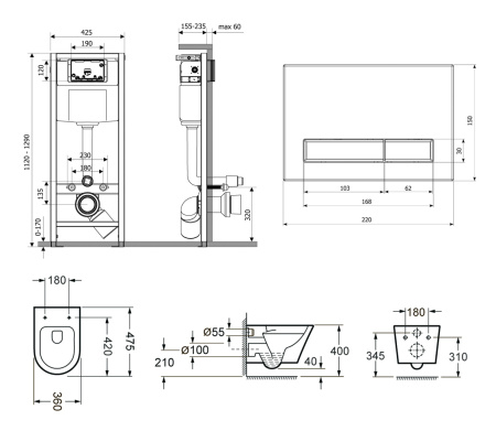 Комплект 6 в 1 Lavinia Boho Biore Compacto Rimless 77040088, премиум с пластиковой черной клавишей, инсталляцией и унитазом