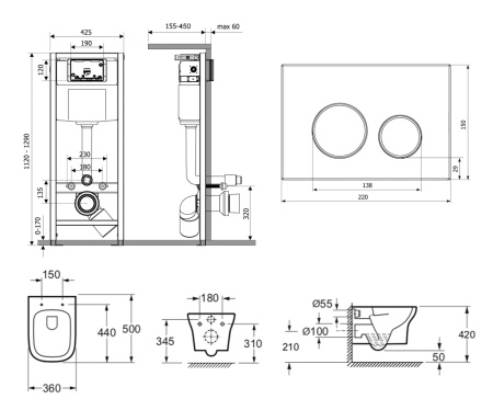 Комплект 6 в 1 Lavinia Boho Bristol Rimless 77050198, премиум с пластиковой серебристой клавишей, удлиненным крепежом, инсталляцией и унитазом