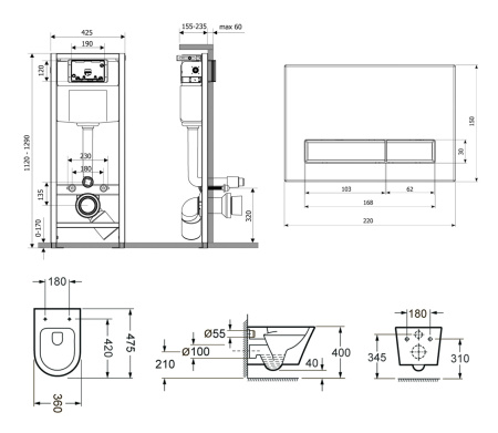 Комплект 6 в 1 Lavinia Boho Biore Compacto Rimless 75110141, премиум с пластиковой черно-коричневой клавишей, инсталляцией и унитазом