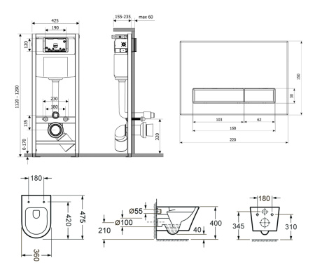 Комплект 6 в 1 Lavinia Boho Biore Compacto Rimless 75110139, премиум со стеклянной фиолетово-белой клавишей, инсталляцией и унитазом