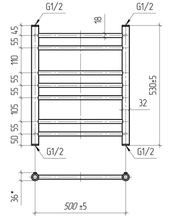 Полотенцесушитель водяной Vimarr Saturn PSV-70VMRS56BL 500х600 лесенка, с фитингами в комплекте, черный матовый