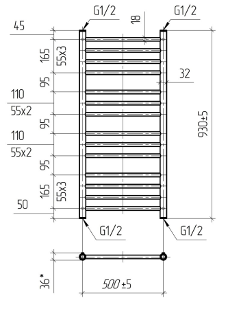 Полотенцесушитель водяной Vimarr Saturn PSV-70VMRS51BL 500х1000 лесенка, с фитингами в комплекте, черный матовый