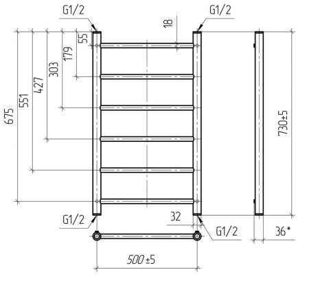 Полотенцесушитель водяной Vimarr Briz Mega PSV-LM13VMRB58BL 500х800 лесенка, черный матовый