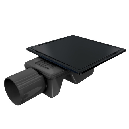 Трап квадратный душевой Vimarr SC-2 515SC231013050 10х10 см черный с рамкой из нержавеющей стали, с горизонтальным выходом D50 мм, решетка под плитку (перевертыш), черная