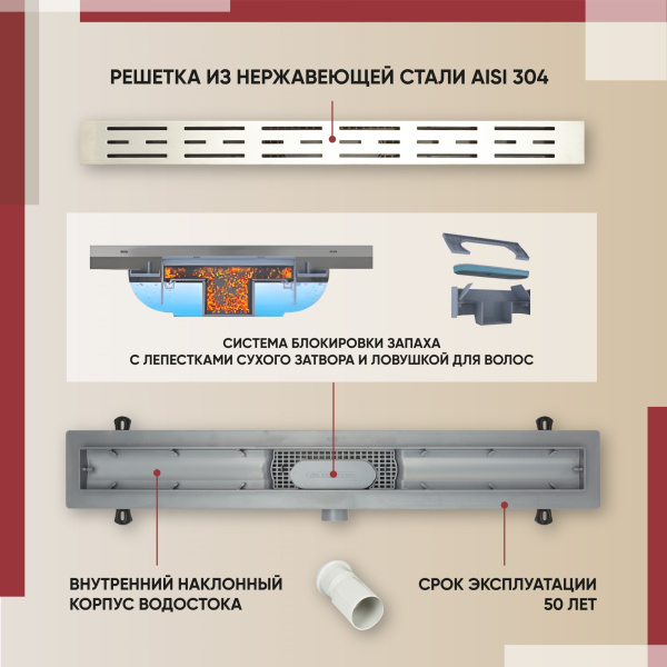 Трап для душа линейный (душевой лоток) Vimarr SMB-1 516SMB135001040 500 мм с горизонтальным выходом D40/50 мм, с решеткой хром