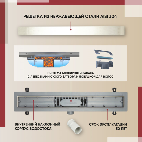Трап для душа линейный (душевой лоток) Vimarr SMD-2 516SMD236011040 600 мм с рамкой из нержавеющей стали, с горизонтальным выходом D40/50 мм, с решеткой под плитку