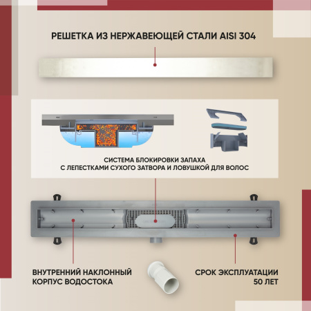 Трап линейный (душевой лоток) Vimarr WB-2 516WB237001040 300 мм с горизонтальным выходом D40/50 мм, с решеткой под плитку (перевертыш)