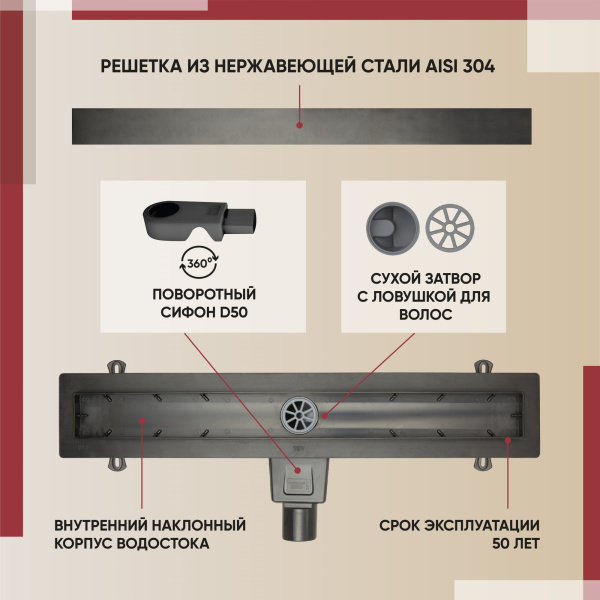 Трап линейный (душевой лоток) Vimarr YA-2 516YA234003050 400 мм с горизонтальным выходом D50 мм, с решеткой под плитку (перевертыш), черный