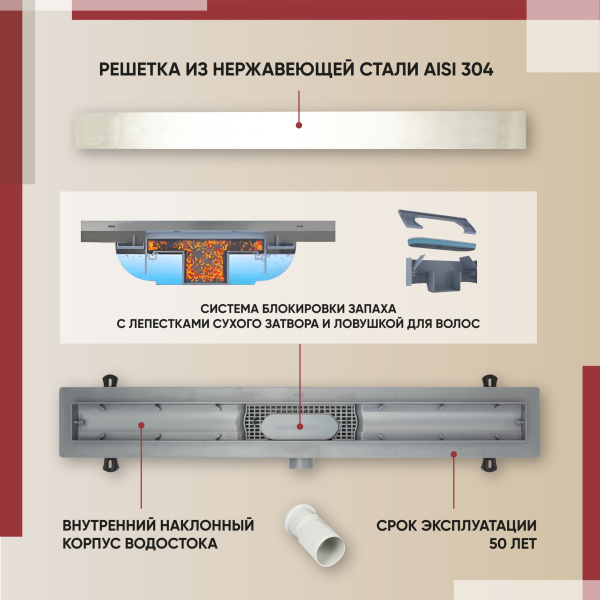 Трап линейный (душевой лоток) Vimarr YB-2 516YB234001040 400 мм с горизонтальным выходом D40/50 мм, с решеткой под плитку (перевертыш)