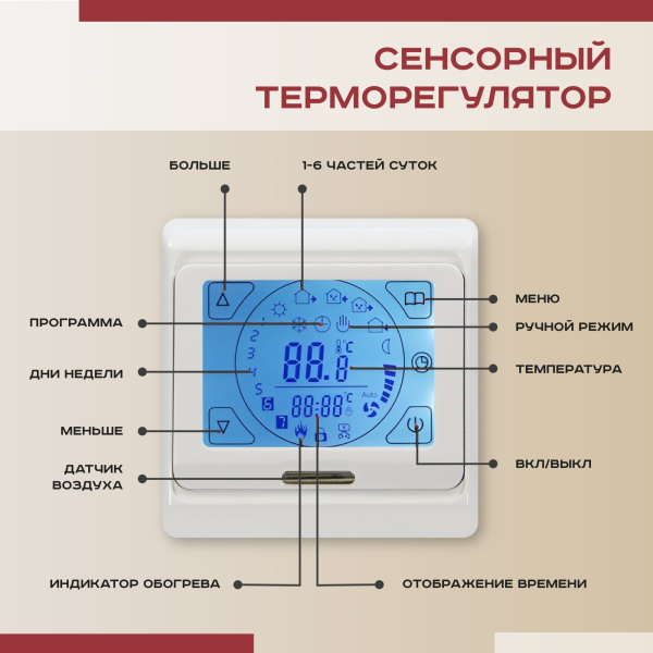 Теплый пол Vimarr LM 540LM75KM0.5-M1-21 0.5 м2 75 Вт с белым программируемым сенсорным терморегулятоом Теплый пол Vimarr LM 540LM75KM0.5-M1-21 0.5 м2 75 Вт с белым программируемым сенсорным терморегулятоом