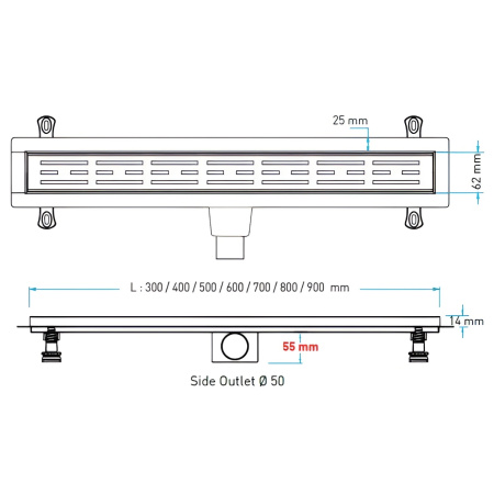 Трап для душа линейный (душевой лоток) Vimarr A-1 516A138001050 800 мм с горизонтальным выходом D50 мм, с решеткой хром