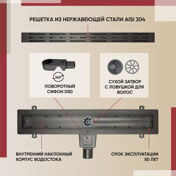 Трап для душа линейный (душевой лоток) Vimarr A-1 516A134003050 400 мм с горизонтальным выходом D50 мм, черный с перфорированной решеткой