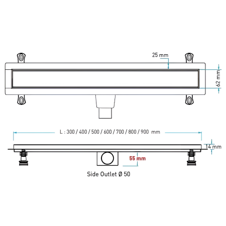 Трап для душа линейный (душевой лоток) Vimarr A-2 516A236001050 600 мм с горизонтальным выходом D50 мм, с решеткой под плитку (перевертыш)
