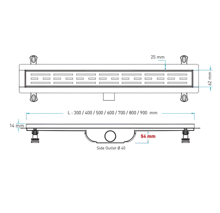 Трап для душа линейный (душевой лоток) Vimarr D-1 516D134011040 400 мм с рамкой из нержавеющей стали, с горизонтальным выходом D40/50 мм, с решеткой хром