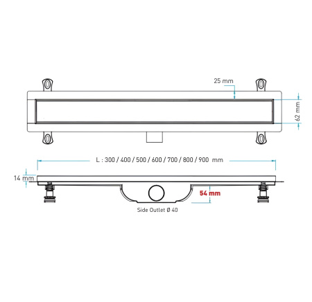 Трап для душа линейный (душевой лоток) Vimarr SB-2 516SB239001040 900 мм с горизонтальным выходом D40/50 мм, с решеткой под плитку (перевертыш)