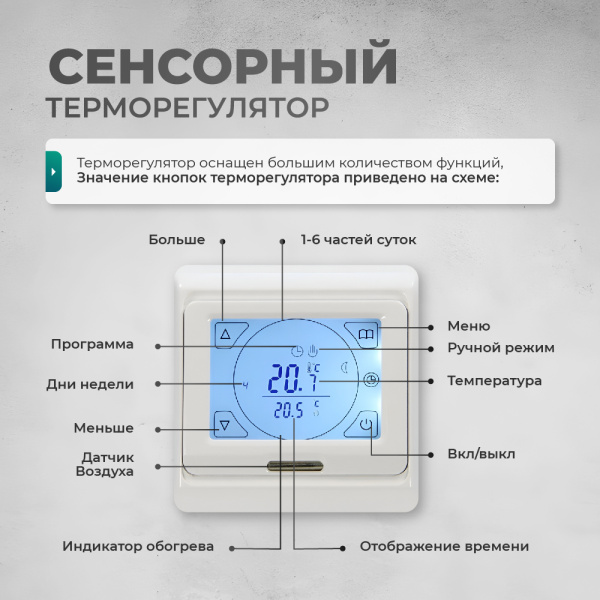 Теплый пол Bejert B B740KM14.0-2100M1-21 14 м2 2100 Вт с белым сенсорным программируемым терморегулятором