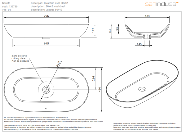 Раковина накладная Sanindusa Sanlife, 136799004 80 см