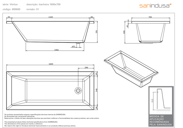 Ванна акриловая Sanindusa Vertice 160x70 8056000000