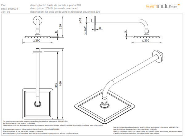 Верхний душ 200x200 mm Sanindusa Plan 509803500 Верхний душ 200x200 mm Sanindusa Plan 509803500