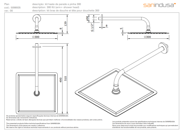 Верхний душ 300x300 mm  Sanindusa Plan 509893511 Верхний душ 300x300 mm  Sanindusa Plan 509893511
