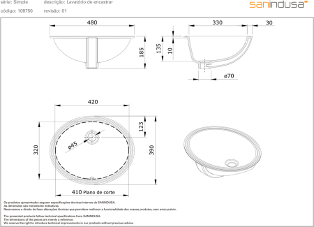 Раковина встраиваемая снизу 48х39 Sanindusa Simple 108750004