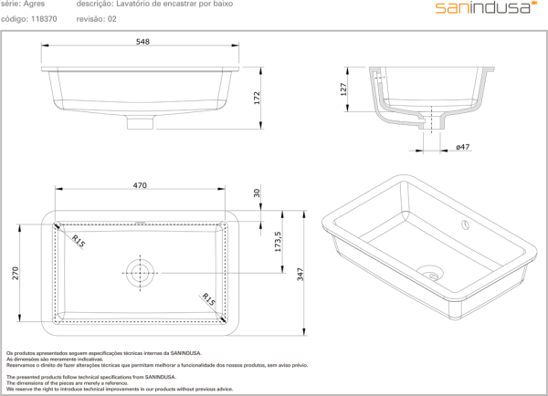 Раковина встраиваемая снизу 55х35 Sanindusa Agres 118370004