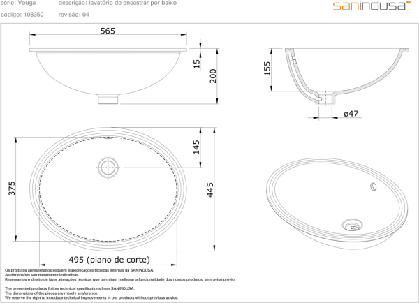 Раковина встраиваемая снизу 57x45 Sanindusa Vouga 108350004