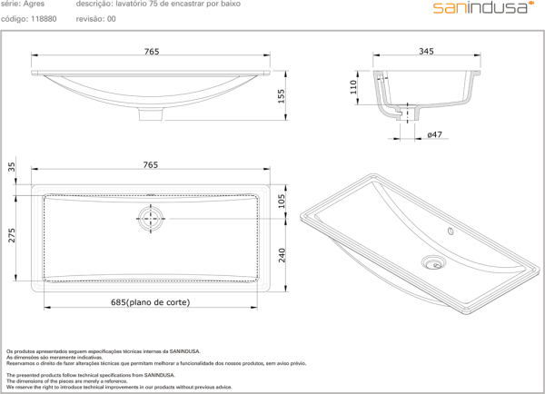 Раковина встраиваемая снизу 77х35 Sanindusa Agres 118880004