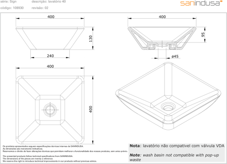 Раковина накладная 40х40 Sanindusa Sign 108930004