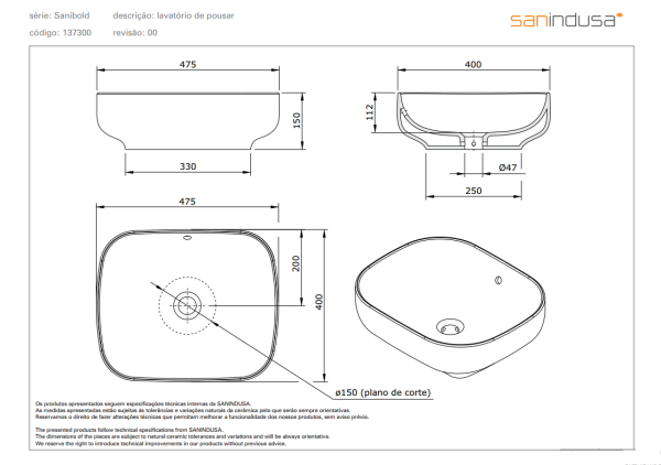 Раковина накладная 48х40 Sanindusa Sanibold 137300004