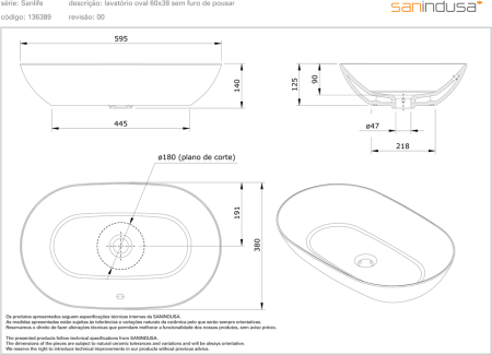 Раковина накладная 60x38 Sanindusa Sanlife 136389004
