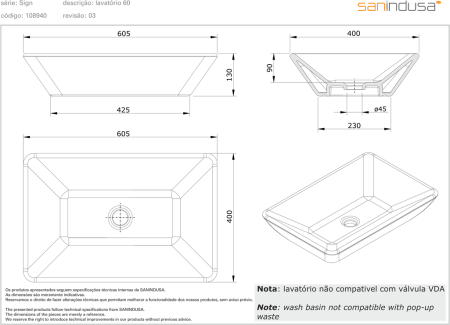 Раковина накладная 60x40 Sanindusa Sign 108940004