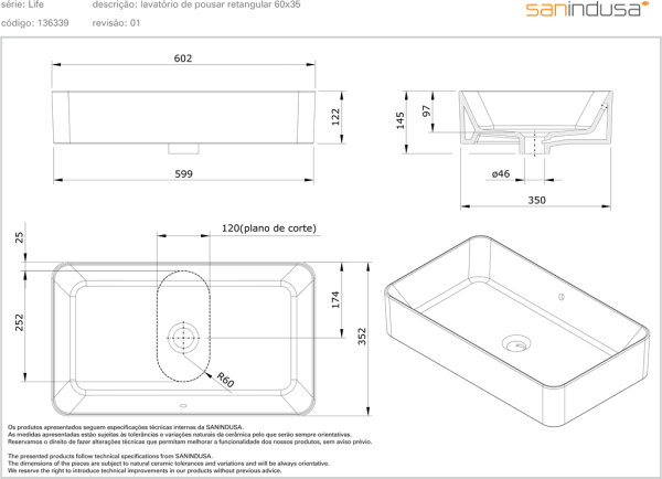 Раковина накладная 60х35 Sanindusa Sanlife 136339004