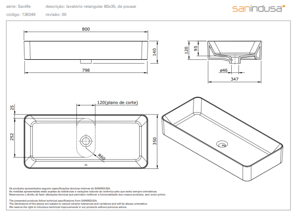 Раковина накладная 80x35 Sanindusa Sanlife 136349004