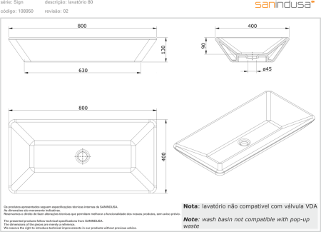 Раковина накладная 80x40 Sanindusa Sign 108950004